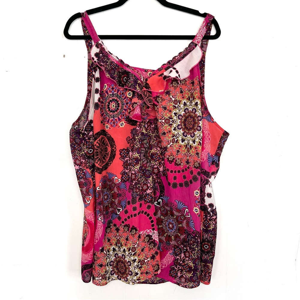 Avenue Colorful Boho Floral‎ Sheer Tank Top Ruffle Sequin 30/32 Fit 2X/3X
